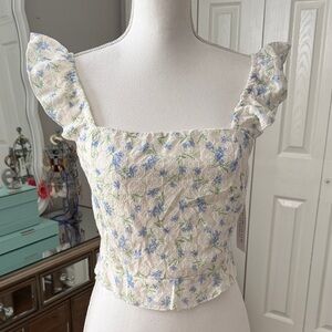 KIRIOUS Los Angeles -Cream Floral Ruffle-Strap Top - Bow Back Blue/Green Floral